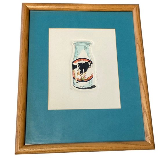 Darlene Hardie Cow Milk Bottle Etching Print Colored Framed Signed Farmhouse - Picture 1 of 9